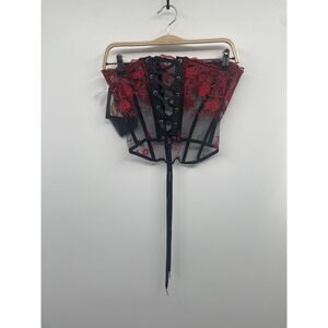 Fantasy Lingerie Corset Set Womens Small Black Red Floral Embroidered Sheer NWT